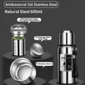 Antibacterial 316 stainless steel vacuum insulated flask 600ml in brushed silver finish - 600ml / Long Tea Filter + Carrying Rope / Steel Color