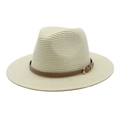 Detail of light beige woven Fedora hat featuring a brown leather band and gold buckle - M (56-58cm) / Milk White