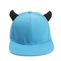 Light blue flat brim baseball cap with creative black devil horns and cotton twill fabric - Lake Blue