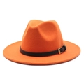 Detail of orange wool jazz hat with slim black leather belt and gold metal buckle - Orange