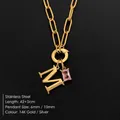 Exquisite 14K gold plated stainless steel letter M necklace with pink zircon pendant - Letter M
