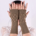 Brown knit fingerless gloves featuring an elegant hollow leaf pattern design - Khaki