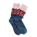 Vintage navy blue and rusty red floral patchwork knit socks with ruffled black wavy edges - One Size / Pink Ribbed