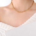 French minimalist golden oval link chain necklace worn on a white knitted sweater - Gold Minimalist Oval Chain Necklace-P1161