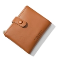 Brown leather women short wallet with zipper closure and embossed quote design - Brown