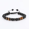 Men's beaded bracelet featuring matte black beads, tiger eye stones, and lion crown charm - Adjustable Braided Black Agate and Tiger Eye
