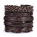 Macro view of multi-layered brown braided leather bracelet set for men in punk style - Brown Multi-layer Woven Style