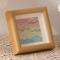 Square natural wood frame with 3D sunset mountain oil painting on lace tablecloth - Natural Wood Color
