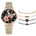 Damen-Uhr-Set in Roségold mit Blumenzifferblatt, Lederarmband und vier modischen Armbändern - Armband / Gebrochenes Weiß