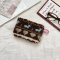 Brown teddy fleece coin purse with blue butterfly pattern and pink woven lanyard - Blue Deer