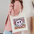 White Halloween canvas tote bag with spooky leopard smiley print and pink accents - Spooky (Smiley)