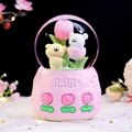 Pink tulip crystal ball music box with cute teddy bears and floral embossed base - Large 100mm Snow + Light / Pink Base