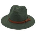 Classic green Panama straw hat with a brown leather band and fringe detailing - Dark Green