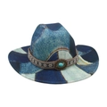 Cappello da cowboy patchwork in denim blu con fascia etnica e gemma turchese vintage - M Denim Pietra Blu Ovale / Blu Reale