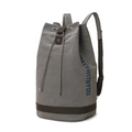 Gray canvas barrel backpack with blue ALWAYS WITH YOU text and dark brown reinforced straps - Small / Gray