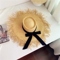 Wide brim raffia straw hat with black ribbon bow for summer beach sun protection - M (56-58cm) / Dented Top Frayed Edge-Black Bow