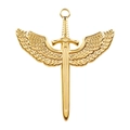 Detailed view of a 18k gold plated stainless steel winged sword pendant for DIY jewelry - Gold
