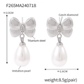 Orecchini a fiocco in acciaio al titanio argento con perle finte e diamanti cechi - F265-Orecchini Color Acciaio