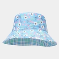 Detail of the reversible bucket hat showing blue floral pattern and plaid lining texture - M (56-58cm) / Sky Blue Floral & Blue-Green Plaid (10#)