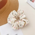 Floral chiffon scrunchie in beige with pink and yellow flowers for women ponytail - Pink Tulip