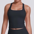 Close-up of black racerback tank top showing high-elasticity fabric and sewing details - S / Black