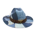Western denim patchwork cowboy hat with brown leather band and gold bull head ornament - One Size / Light Blue (Denim Gold Bull)