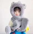 Kids grey plush winter hooded scarf with bear ears and thick fleece lining - Kids Ears Style / Gray