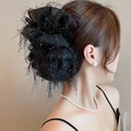 Detailed view of elegant black mesh flower hair claw clip on model in French style - Black Shredded Silk-Bubble Claw Clip
