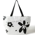 White woven tote bag with large black floral print and stylish black handle straps - Large / White Flower