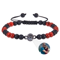 Detail of beaded projection bracelet with red and black stones showing custom photo feature - Red Turquoise + Matte Stone Bracelet