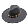 Detailed close-up of dark gray wool felt fedora with a thick golden metal chain accessory - M(56-58cm) / Dark Gray
