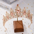 Luxury gold bridal crown with shimmering pink teardrop gems and micro-set diamonds - KC Gold White + Peach