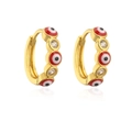 Detail of gold-plated hoop earrings featuring red evil eye enamel and white zircon stones - Round Evil Eye / Gold with Red Round