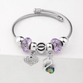 Silver twisted cable bracelet with purple crystal beads and a swan pendant - C1-015 Purple