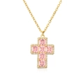 Detailed close-up of golden cross necklace featuring pink square stones and zircon stones - Gold Pink Zirconia