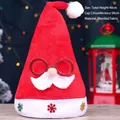 Plush red Santa hat with glasses and mustache detail, 40cm height, velvet finish - Adult Red Glasses