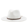 White woven Panama straw sun hat with ethnic style brown leather band and silver buckle - M (56-58cm) / White
