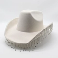 Chapeau de cowboy blanc avec franges en strass et chaîne argentée pour fête - M(56-58cm) / Blanc