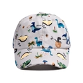 Close-up of waterproof kids dinosaur baseball cap with gray fabric and colorful prints - White with Yellow Dinosaur