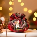 Red and green plaid Christmas velvet gift bag with gold Merry Christmas metal pendant - Bundle Pouch Style / Wine Red Plaid