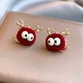 Red flocked dragon stud earrings with gold accents and cartoon design on a box - Cartoon Monster Flocked Style (45# Silver Earring Post-Red)