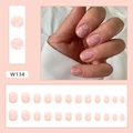 Close-up of nude pink press-on nails with white wave art and a full 24-piece set layout - Perfect Curve (W134)