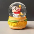 Pink cherry blossom snow globe featuring Crayon Shin-chan on a burger-shaped base - 015 Red Clothes / Large 100 Snow+Light+Music