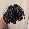 French bow hair claw with rose floral print, black chiffon streamers and bead charms - Ponytail Claw Clip / Rose Print Ribbon Tassel