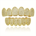 Hiphop gold plated grillz set with micro-paved cubic zirconia and reflective mirror base - Full Set (with Molding Bar) / Zircon Gold