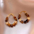 Détail de boucles d'oreilles créoles dorées avec perles cubes léopard sur de la soie - 29#Anneau-Or & Marron-Plaqué or véritable