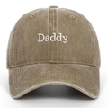Close-up of white Daddy embroidery on washed cotton baseball cap with vintage finish - One Size / Khaki