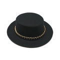 Classic black flat top boater hat with a decorative gold chain band for women - M (56-58cm) / Black