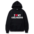 Black cotton hoodie featuring I Love My Girlfriend print and front kangaroo pocket - S / Tops / Black