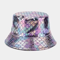 Close-up of iridescent fish scale pattern and metallic texture on a purple bucket hat - M (56-58cm) / Multicolor with Purple Edge